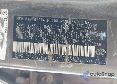 2006 Toyota Corolla S из США, поврежденный, VIN 2T1BR32E96C616822